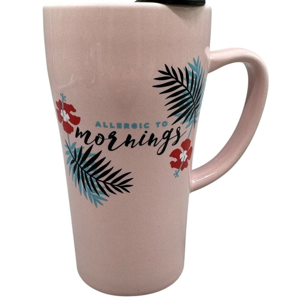 Allergic To Mornings Pink Ceramic Travel Mug With Lid 16 Oz By Clay Art READ